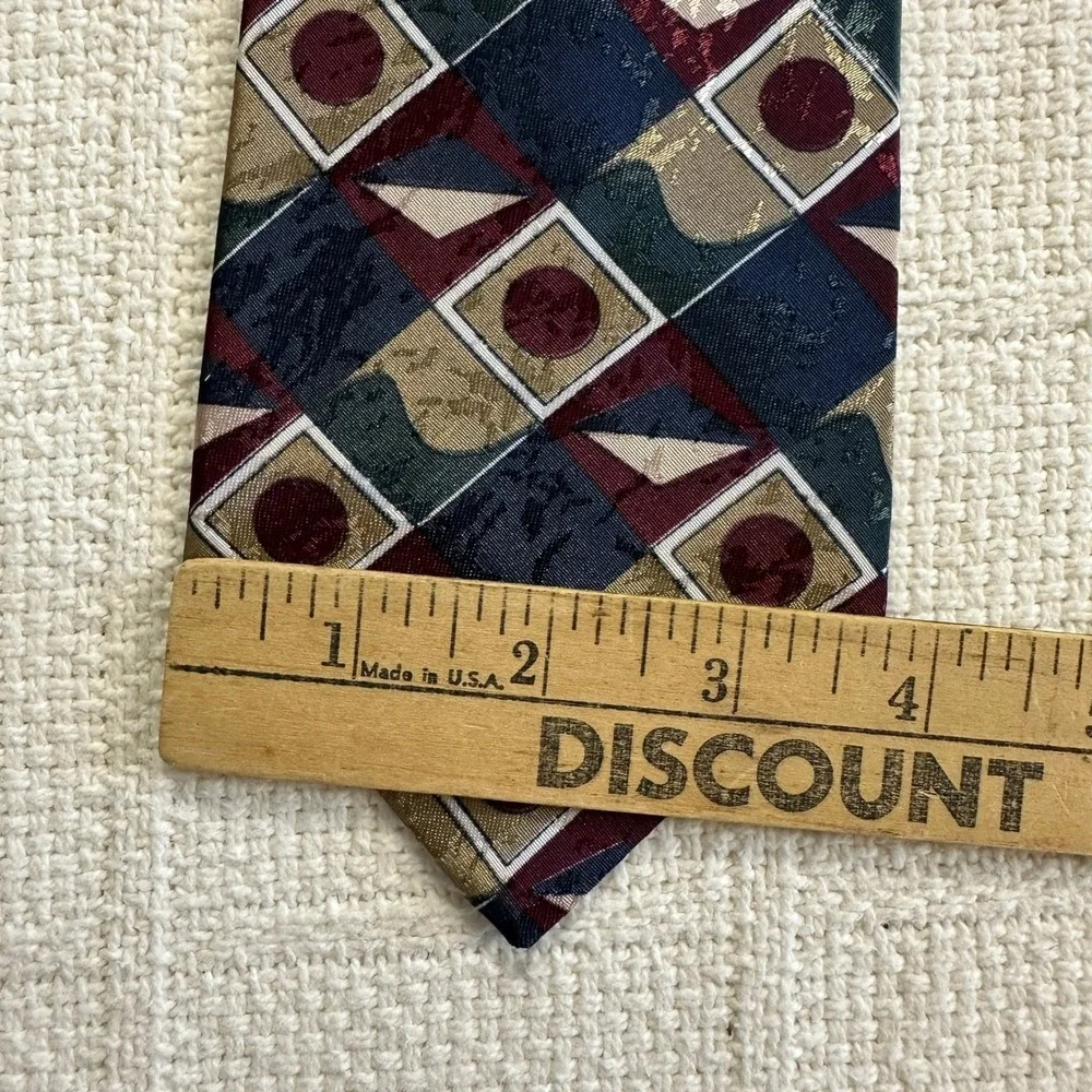 VTG 90s Duke Necktie Geometric Abstract‎ Navy Burgundy Gold USA Made Retro Tie